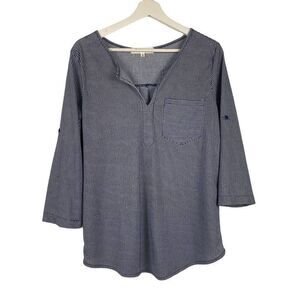 Eden & Olivia size small navy and white striped split neck top with roll sleeves